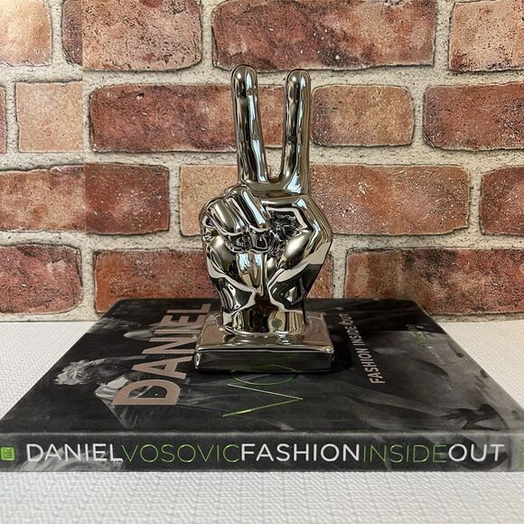 Ceramic Peace Sign Hand Sculpture Figurine Metallic Silver Tone BOHO Decor - Picture 4 of 16